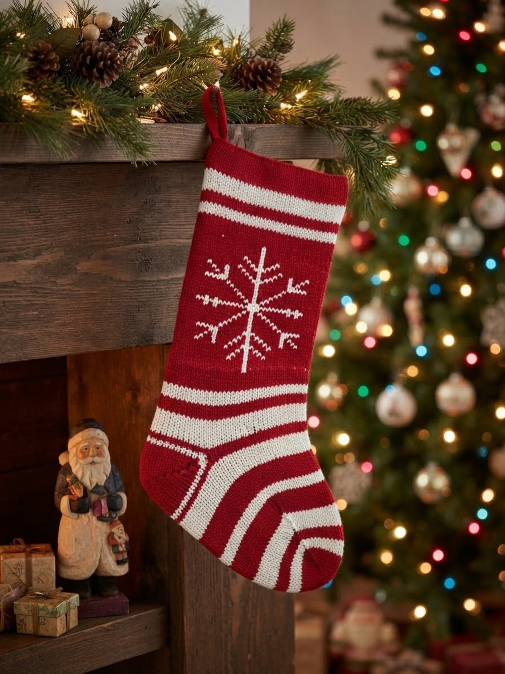 Vintage 1993 Red & White Knit Snowflake Christmas Stocking Retro Holiday Decor